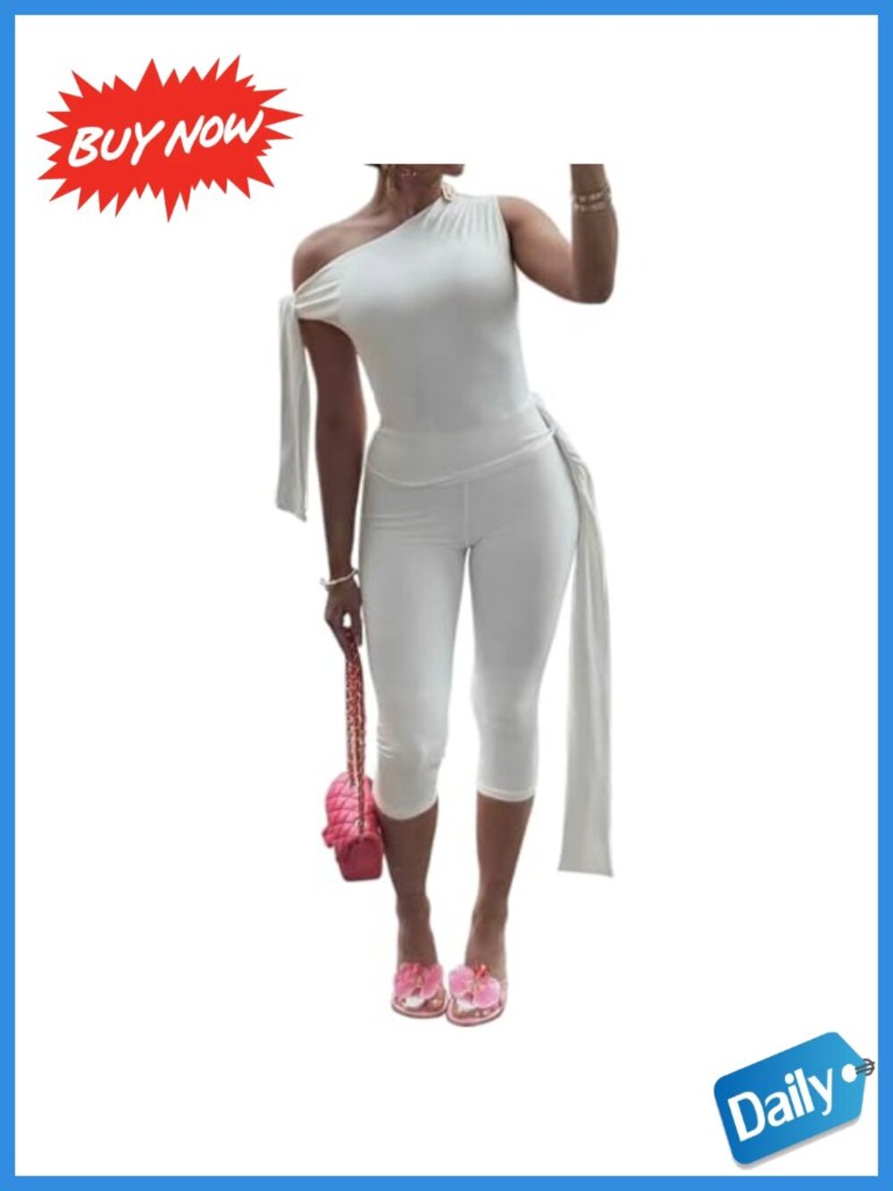 Women 2 Piece Outfit One Shoulder Crop Top Bodycon Capri Pants Set